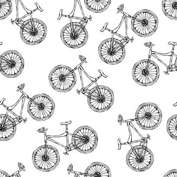 Seamless Pattern of Bicycles. Endless Bike Background. Realistic Hand Drawn Stock Illustration