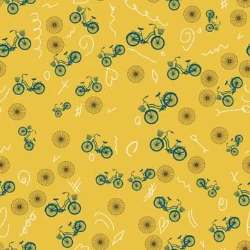 Seamless pattern with bicycles, wheels and doodles Stock Illustration