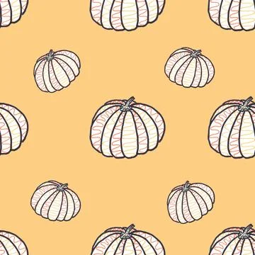 Seamless pattern of big and little hand drawn doodle pumpkins on orange Stock Illustration