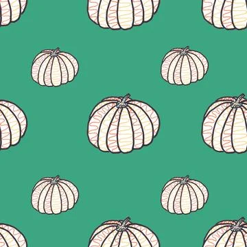 Seamless pattern of big and little hand drawn doodle pumpkins on green Stock Illustration