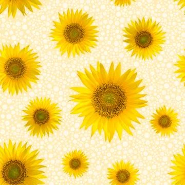 Seamless pattern with big bright sunflowers and dots on yellow background. Stock Photos