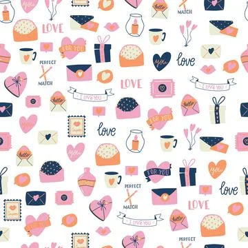 Seamless pattern with big collection of love objects and symbols Illustrazione stock