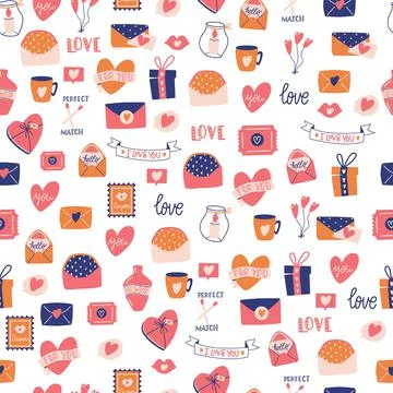 Seamless pattern with big collection of love objects and symbols Stock Illustration