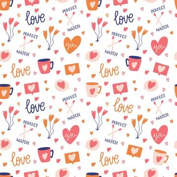 Seamless pattern with big collection of love objects and symbols Illustrazione stock