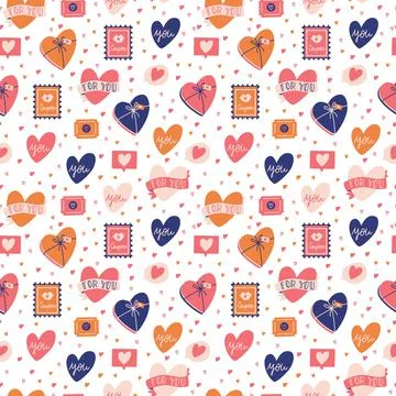 Seamless pattern with big collection of love objects and symbols Illustrazione stock