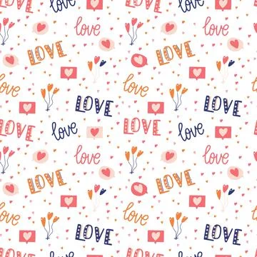 Seamless pattern with big collection of love objects and symbols Stock Illustration