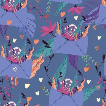 Seamless pattern with big collection of love letters and symbols Stock Illustration