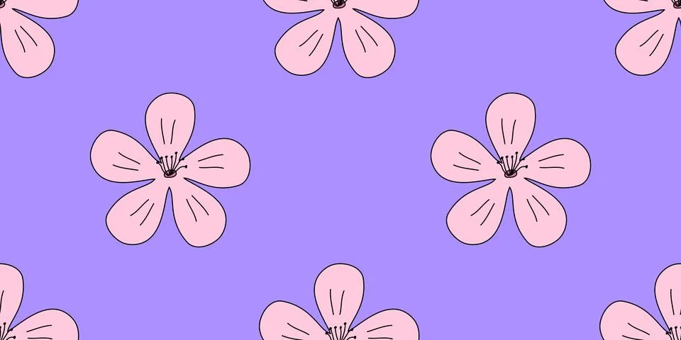 Seamless pattern with big pink sakura or cherry blossom flowers head on violet Stock Illustration