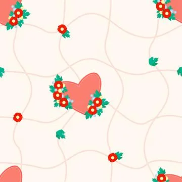 Seamless pattern. Big red heart in a bouquet of flowers on white background with Stock Illustration