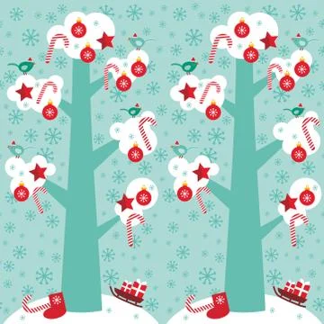 Seamless pattern Big tree with white snow on the branches, birds and red Stock Illustration