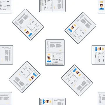 Seamless pattern with biometric passport open on personal data page showing Stock Illustration