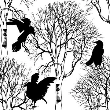 Seamless pattern of birch bare branches with crows black and white Stock Illustration