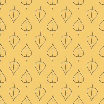 Seamless pattern birch leaf with outline on a yellow background, for textile  Stock Illustration