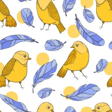 Seamless pattern bird and feather. Nature hand drawn style.Fashion print text Stock Illustration