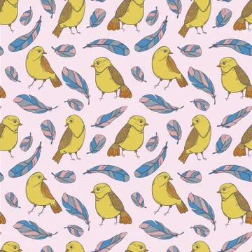 Seamless pattern bird and feather. Nature hand drawn style.Fashion print text Stock Illustration