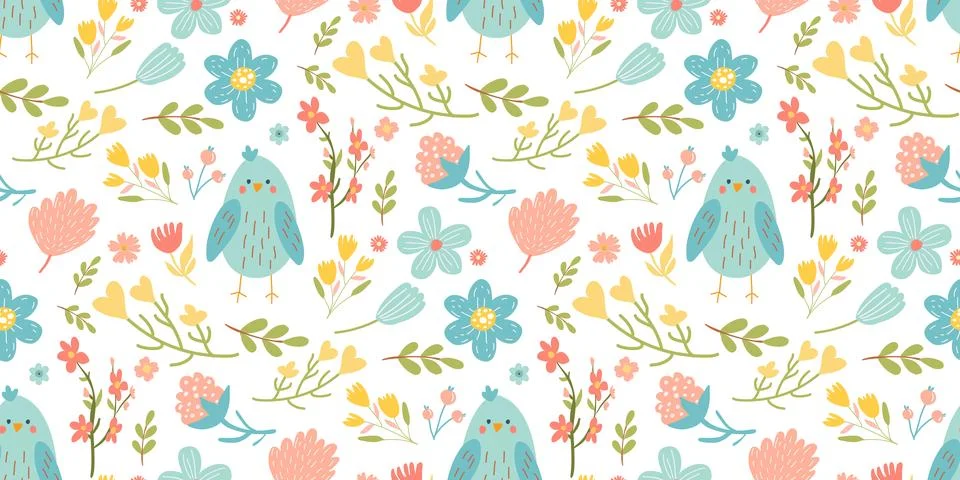 Seamless pattern bird and flower isolated on white background. Stock Illustration