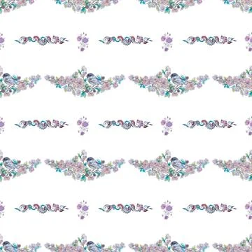 Seamless pattern of a bird on a branch with flowers on a white background. Stock Illustration