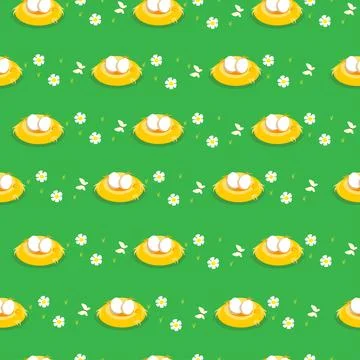 Seamless pattern with bird eggs in nest. Cartoon style for fabric, background Stock Illustration