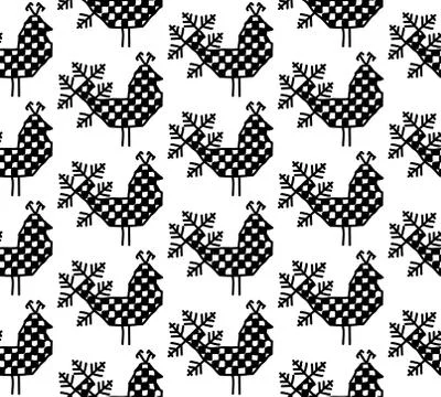 Seamless pattern bird of peacock Ornament of Russian folk embroidery, black c Stock Illustration