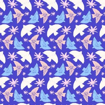 Seamless pattern of bird silhouettes in pastel peach and cream on blue. Crayon Illustrazione stock