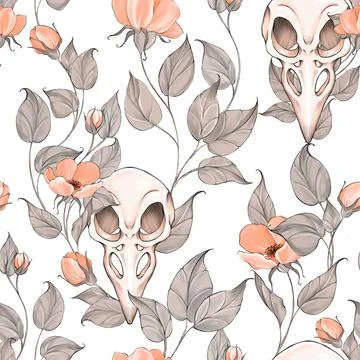 Seamless pattern with bird skull with leaves and flowers Stockillustratie