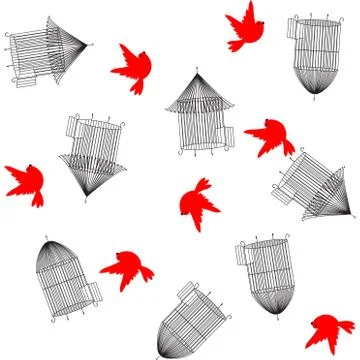 Seamless pattern with  birdcage and birds - vector illustration Illustrazione stock
