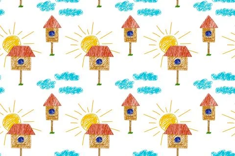 Seamless Pattern with Birdhouses, Clouds, and Sun Stock Illustration