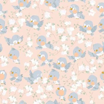 Seamless Pattern with Birds and Blooming Branches on Pink Background Stock Illustration
