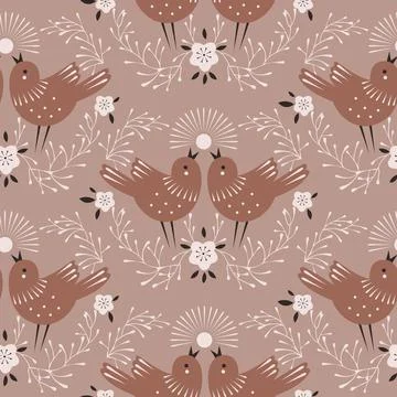 Seamless pattern with birds and flowers Stock Illustration