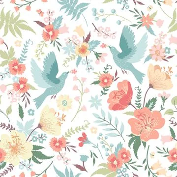 Seamless pattern with birds and flowers. Illustrazione stock