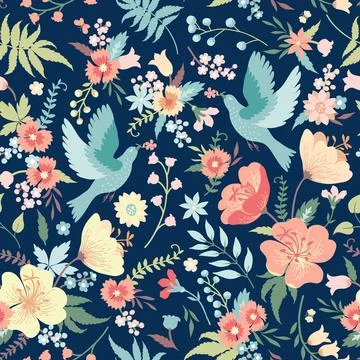 Seamless pattern with birds and flowers. Stock Illustration