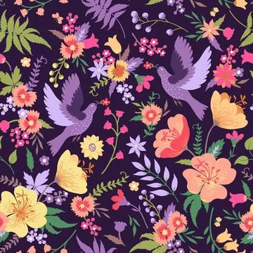Seamless pattern with birds and flowers. Illustrazione stock