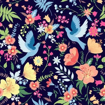 Seamless pattern with birds and flowers. Illustrazione stock