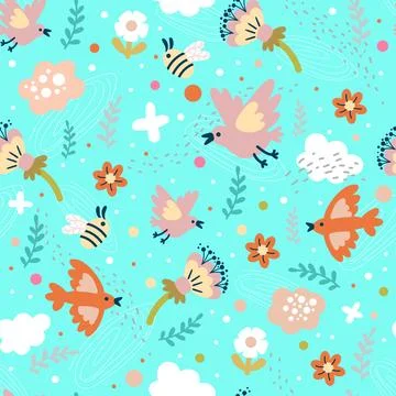 Seamless pattern birds and flowers vector 스톡 일러스트