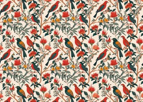 Seamless pattern with birds and flowers. Vector illustration in retro style. Illustrazione stock