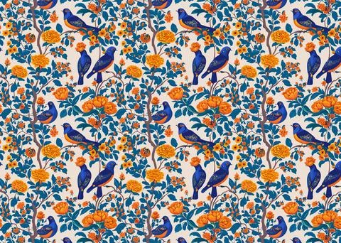 Seamless pattern with birds and flowers in folk style Stock Illustration