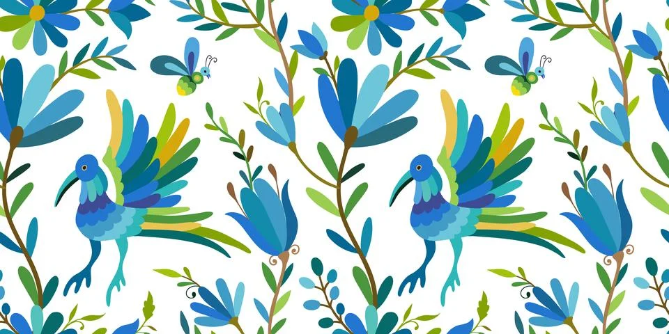 Seamless pattern with birds and flowers on white background. Colorful Mexican Stock Illustration