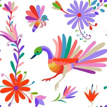 Seamless pattern with birds and flowers on white background. Folk Otomi sty.. Stock Illustration