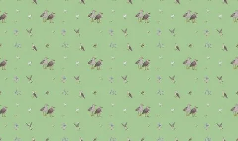 Seamless pattern with birds and flowers on green background Stock Illustration