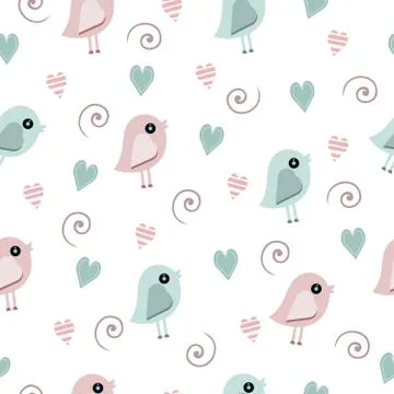 Seamless pattern with birds and hearts for Valentine holiday Stock Illustration