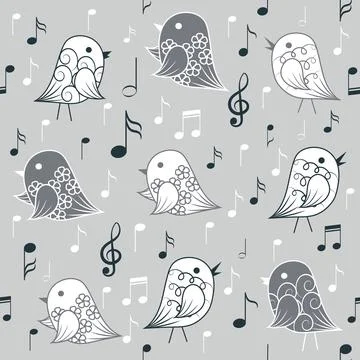 Seamless pattern with birds and musical elements 스톡 일러스트