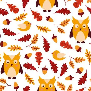 Seamless pattern with birds and oak leaves Stock Illustration