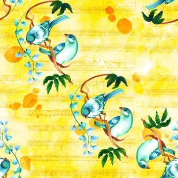 Seamless pattern with birds and roses with golden notes Stock Illustration