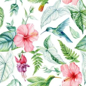 Seamless pattern with birds and tropical leaves and flowers. Watercolor Stock Illustration