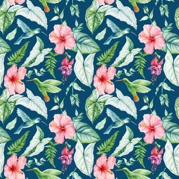 Seamless pattern with birds and tropical leaves and flowers. Watercolor Illustrazione stock