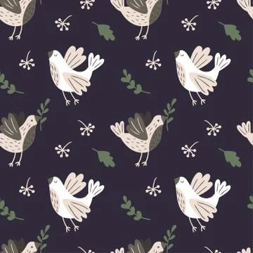 Seamless pattern with birds, branches and leaves. Vector template. Stock Illustration