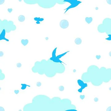 Seamless pattern with birds, clouds and hearts 스톡 일러스트