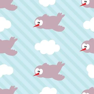 Seamless pattern with birds in clouds on striped background. Seamless patt... Stock Photos