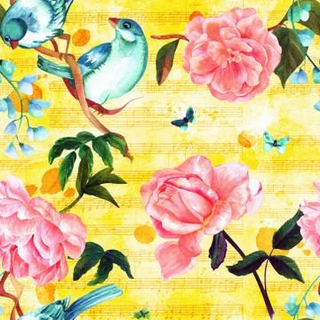 Seamless pattern with birds, flowers, and butterflies on golden notes 스톡 일러스트