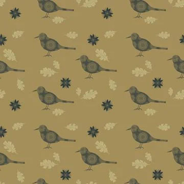 Seamless pattern with birds, flowers and leaves and neutral background. Illustrazione stock